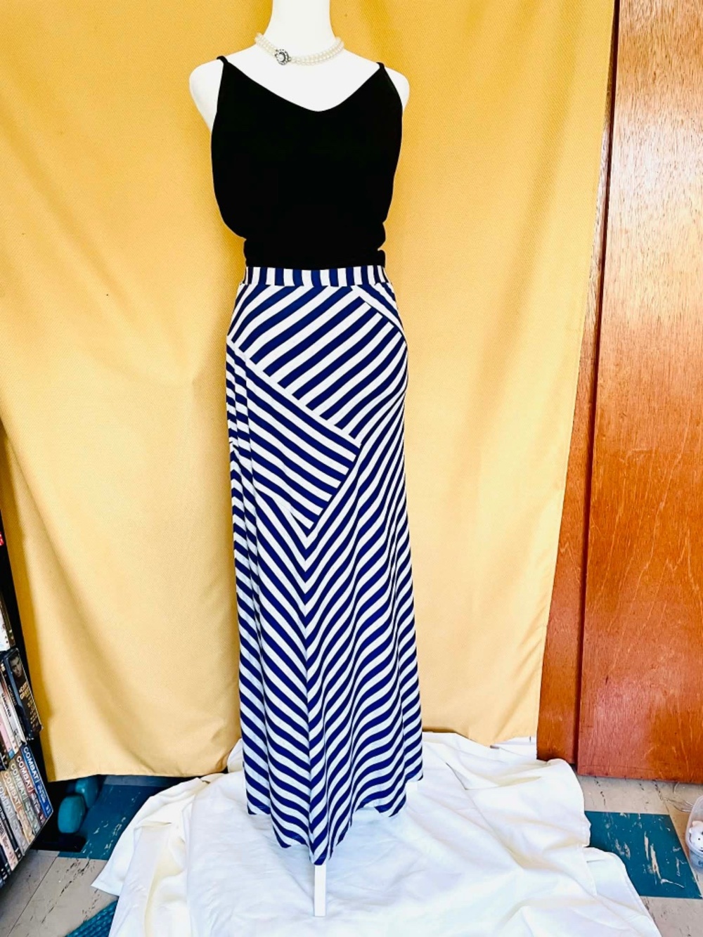 Navy Grey Striped Maxi Summer Skirt SZ M